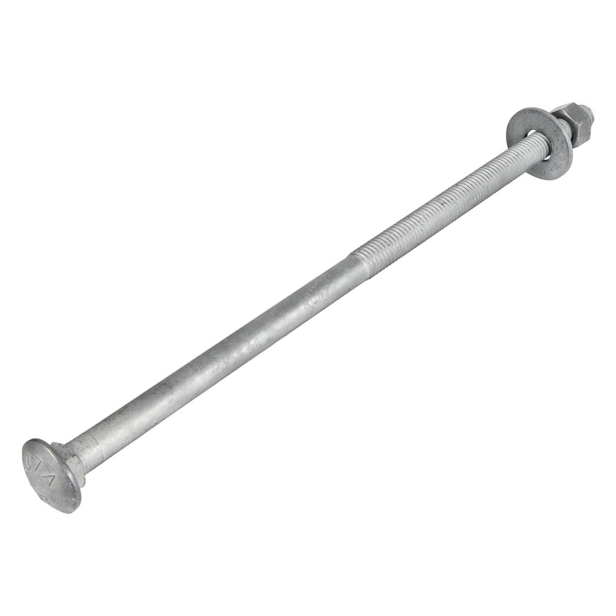 Galvanized carriage bolt with hex nut and flat washer, silver finish, 1/2 in x 12 in