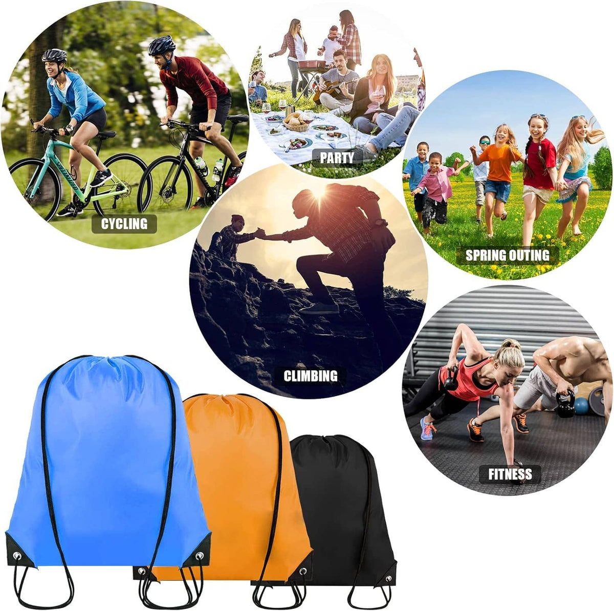 Assorted drawstring backpack sacks in blue, orange, and black with cinch cords and bottom reinforcement.