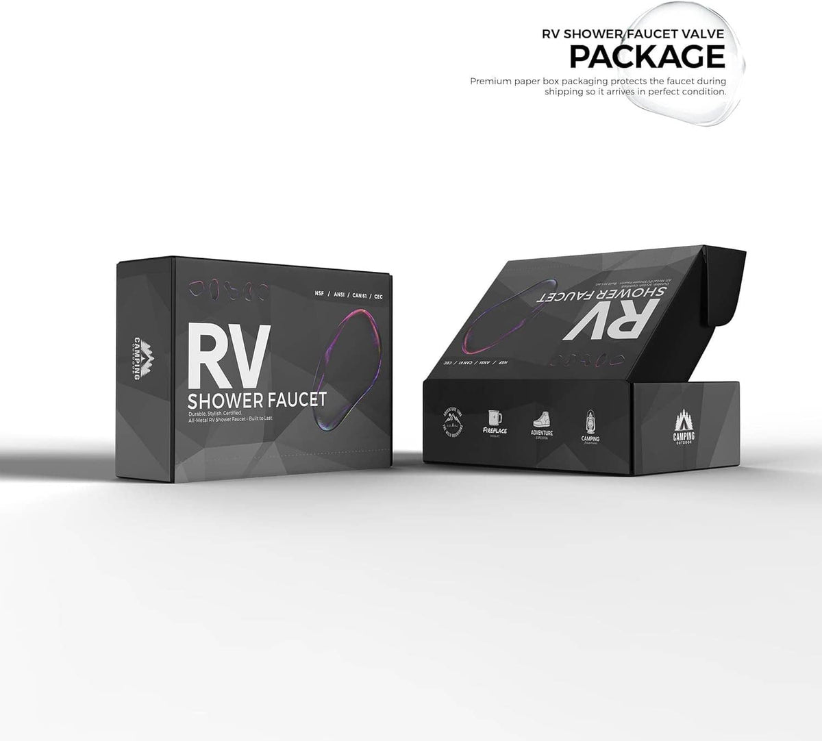 RV shower faucet valve retail packaging with two matte black box designs