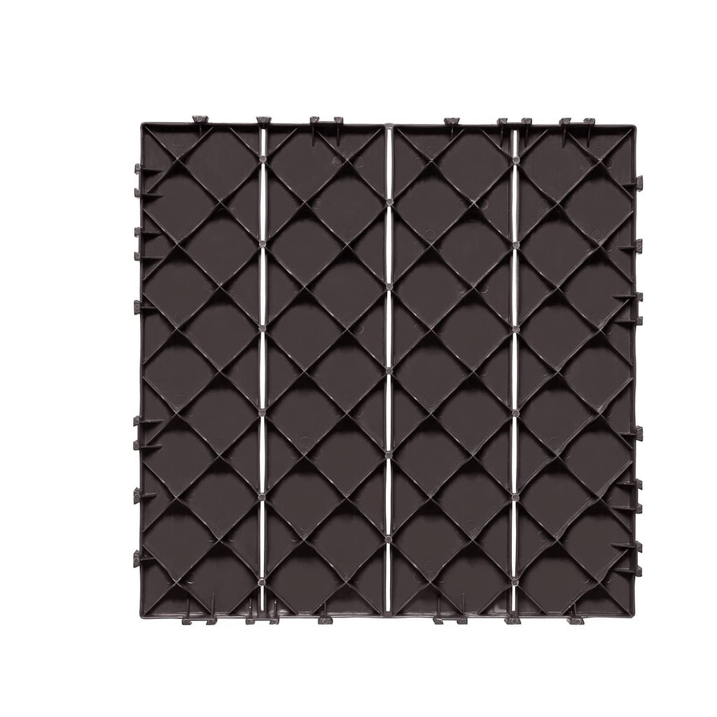 Interlocking deck tile, dark brown underside with diamond pattern and snap-fit tabs