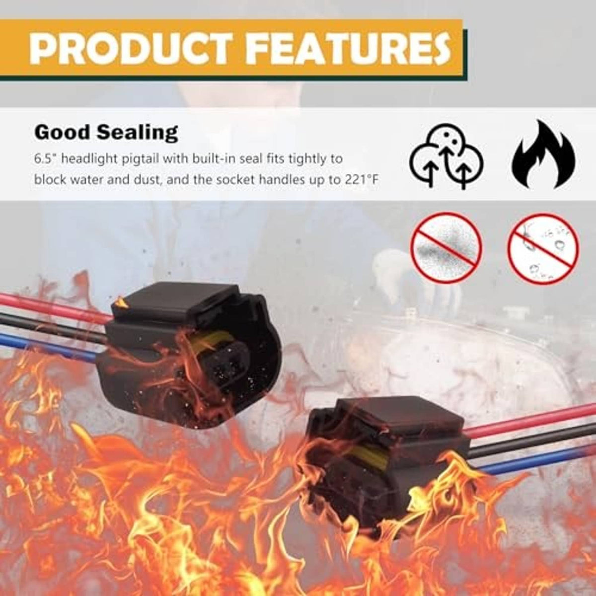 Sealed headlight connector pigtail with black housing and red/blue power wires