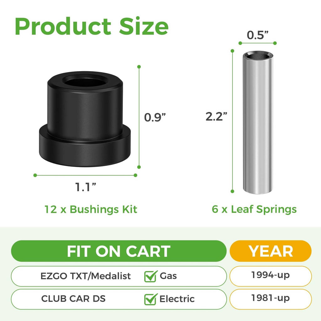Golf cart bushing kit size chart with 12 bushings and 6 leaf spring pins