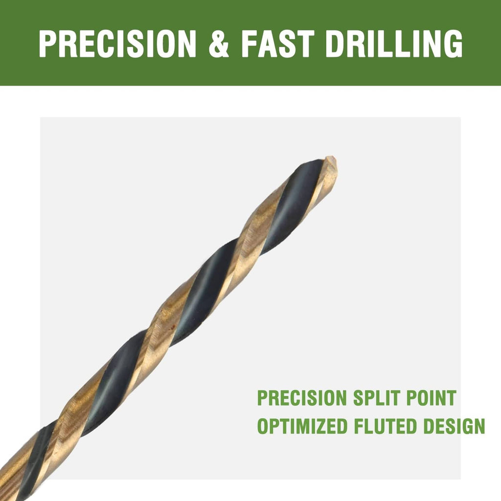 Gold and black precision split-point drill bit with optimized fluted design