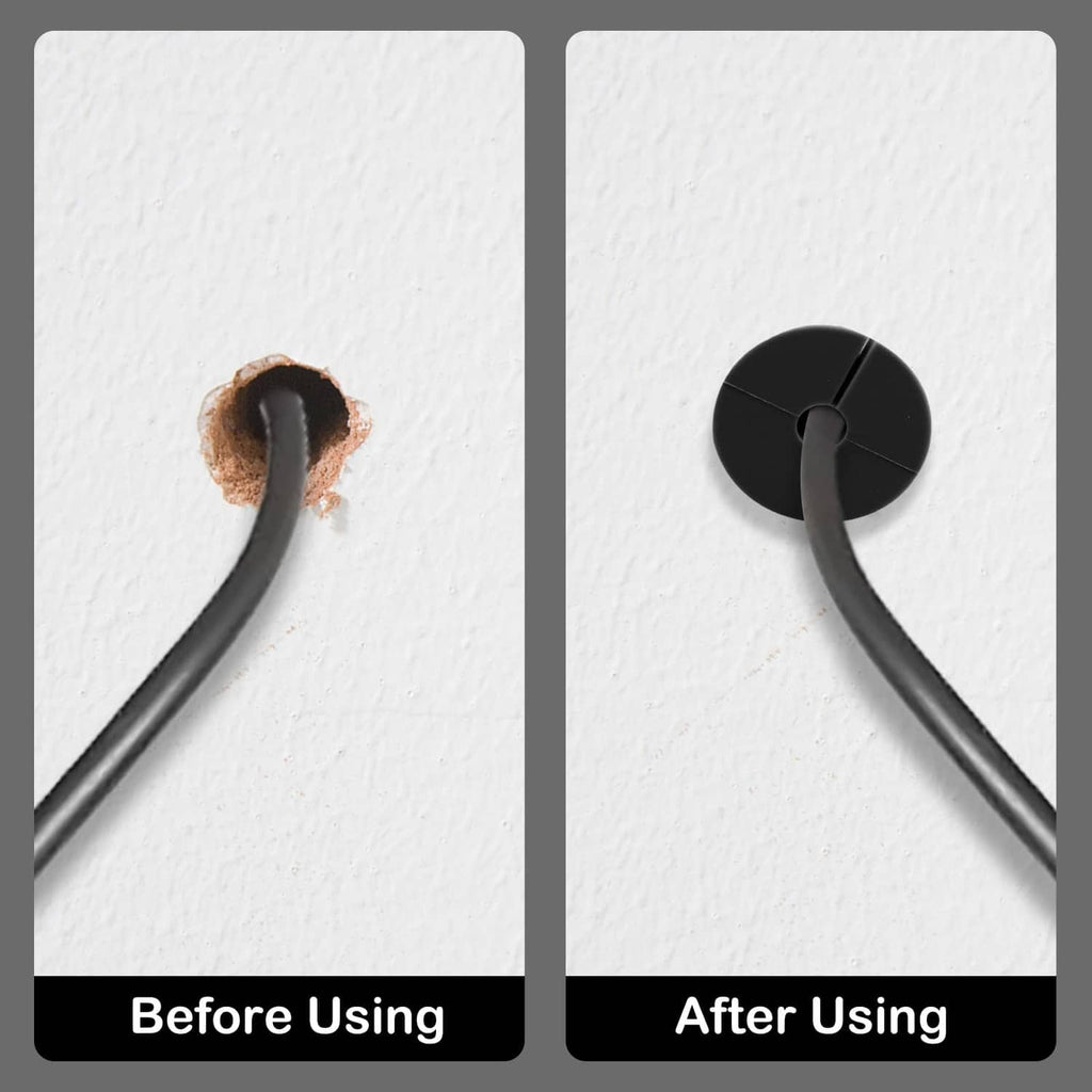 Black silicone cable grommet on wall, showing before and after cable pass-through