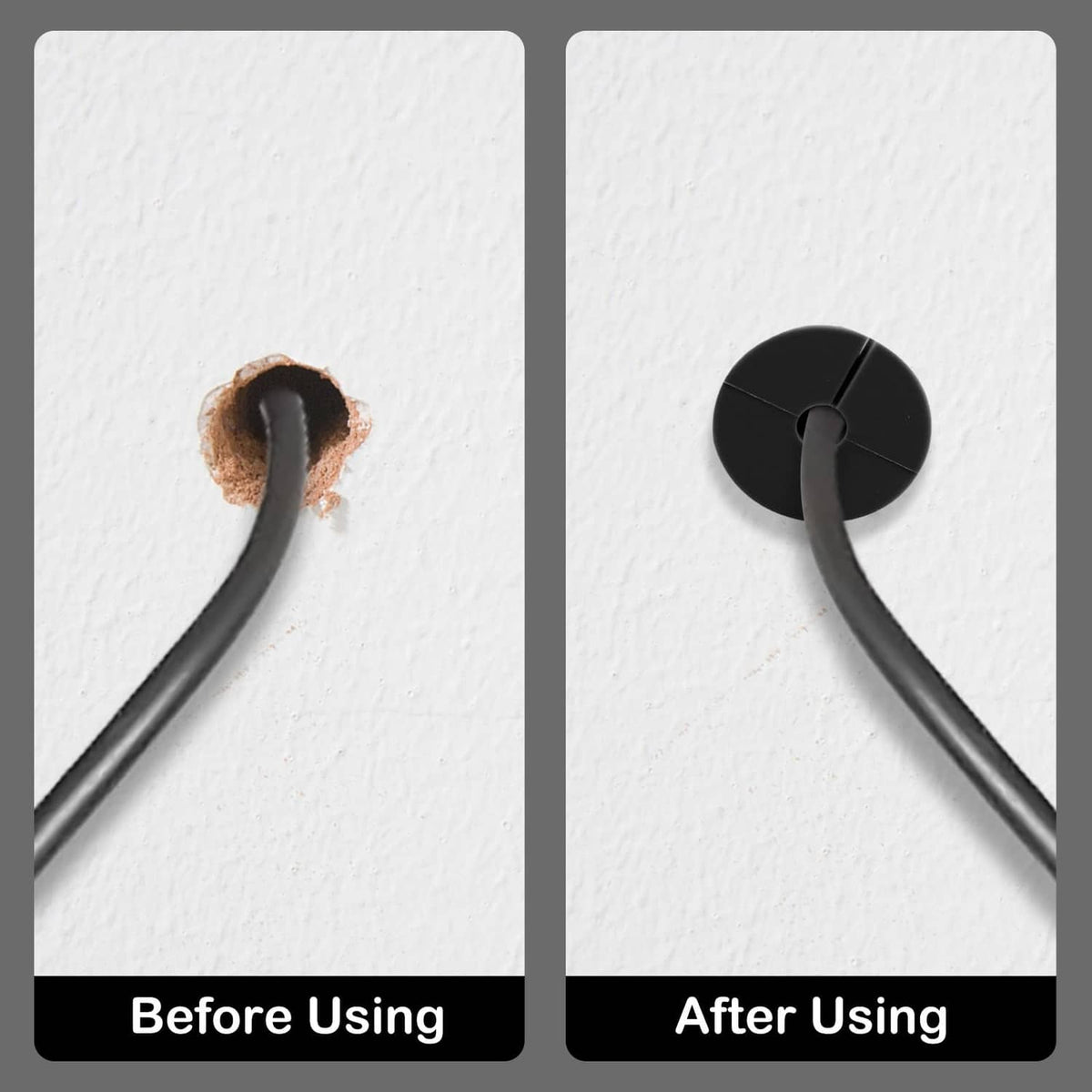 Black silicone cable grommet on wall, showing before and after cable pass-through