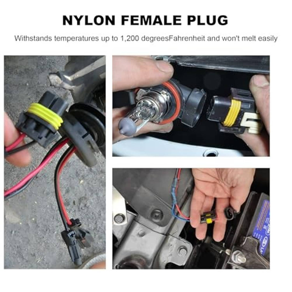 Nylon female plug connector set with yellow-ring sockets and red/black wiring, shown in use