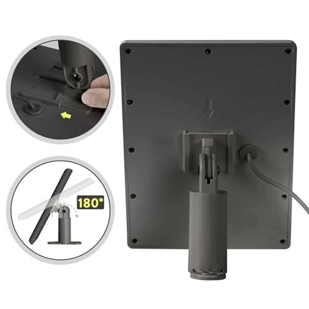 Black back of solar panel with adjustable arm and connected cable
