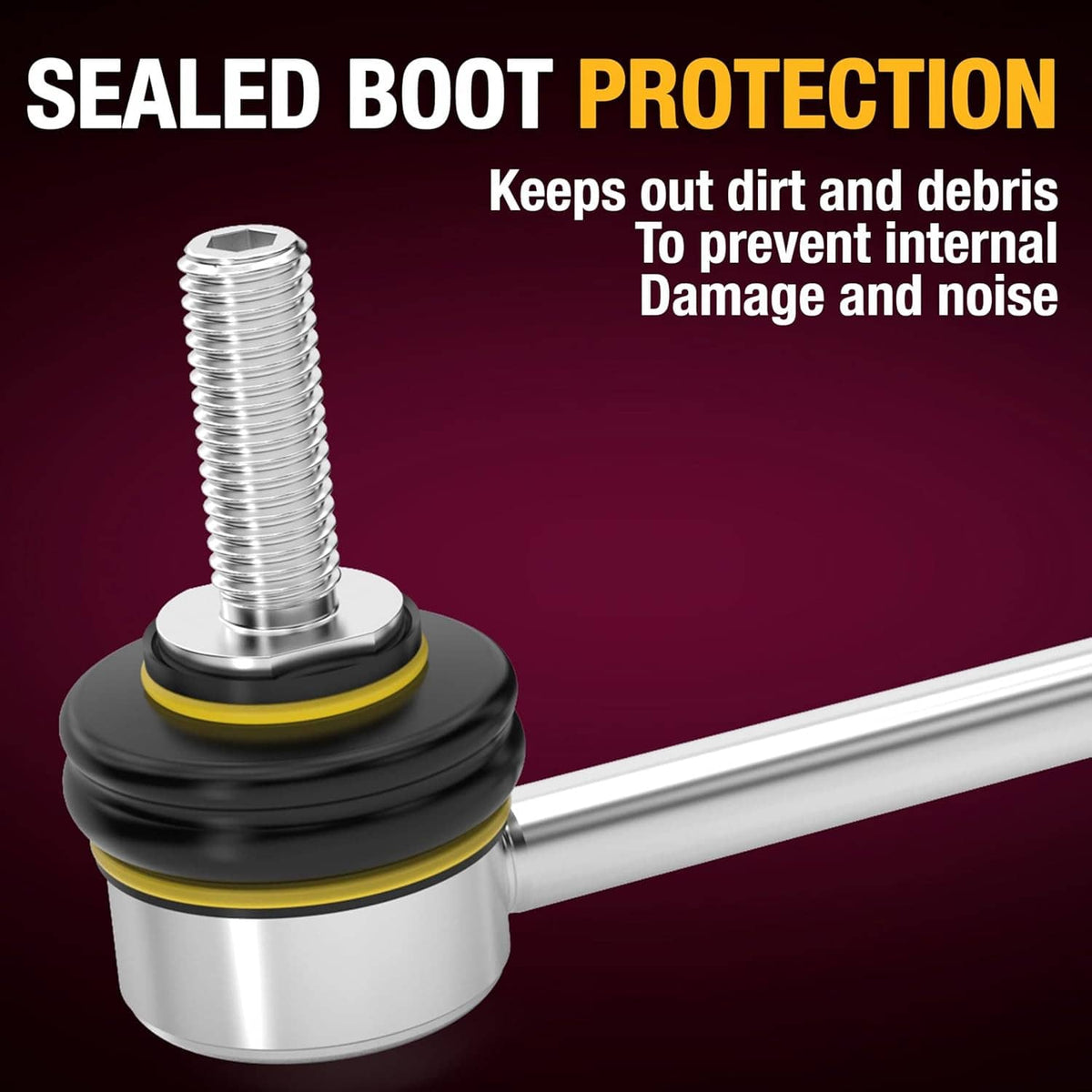Sway bar end link with sealed rubber boot, black bushing, and silver steel rod