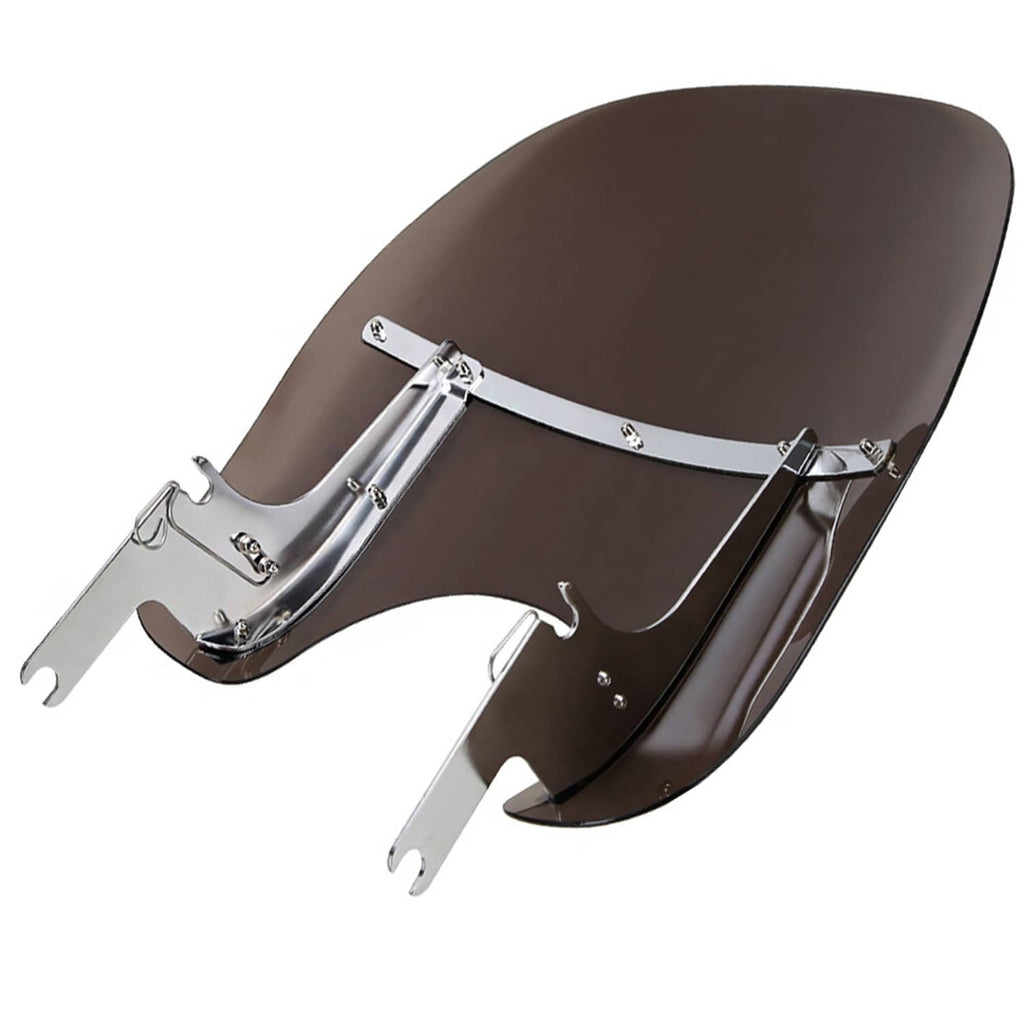 Smoke-tinted motorcycle windshield with chrome mounting rails and fork-leg brackets