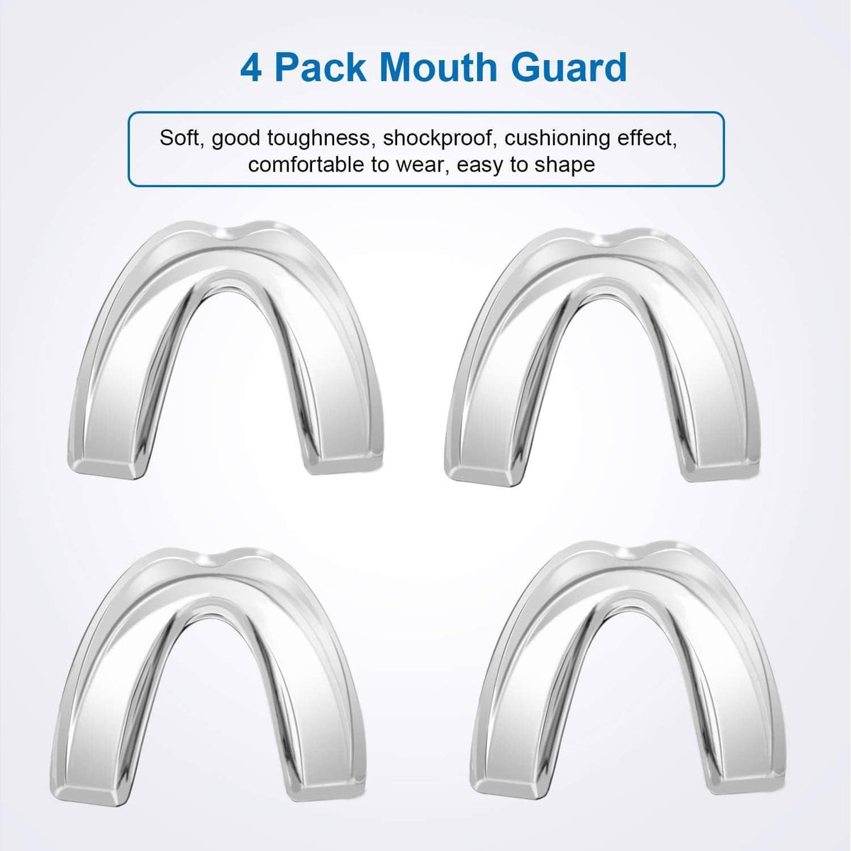 Four-pack kids mouth guards, clear molded trays with U-shaped bite plates