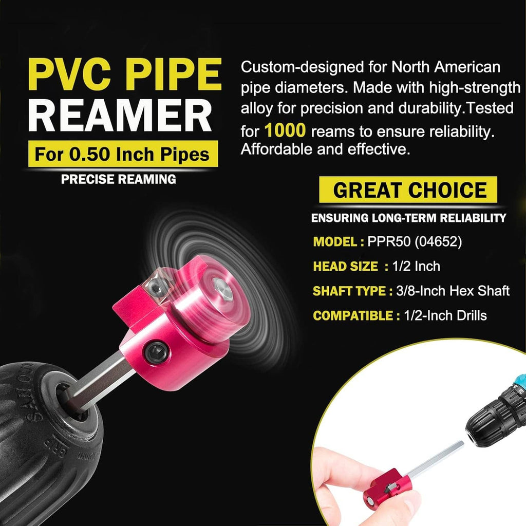 PVC pipe reamer with red head and gray shaft, shown for 1/2-in PVC pipes
