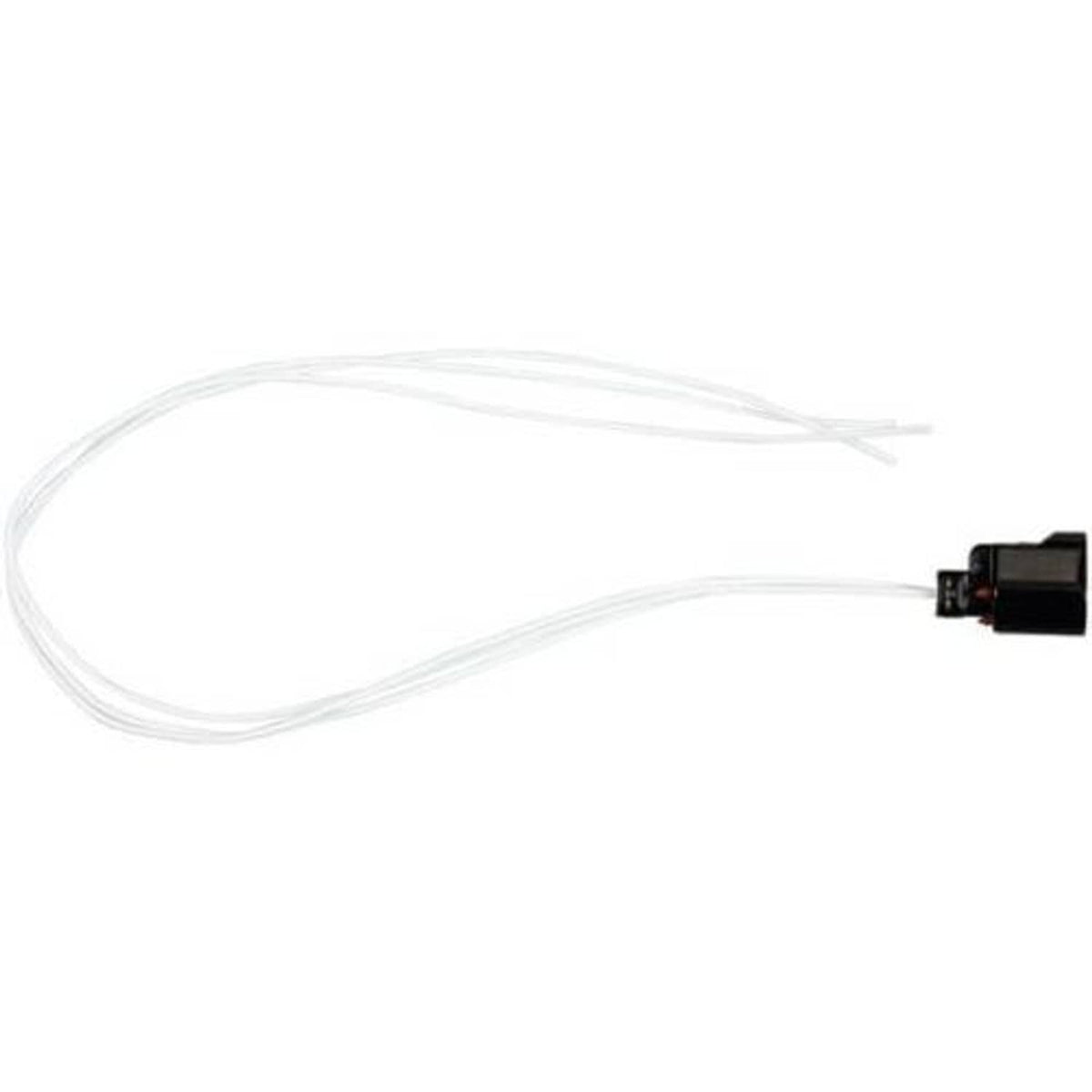 Camshaft sensor wiring harness pigtail with black connector and two white wire strands