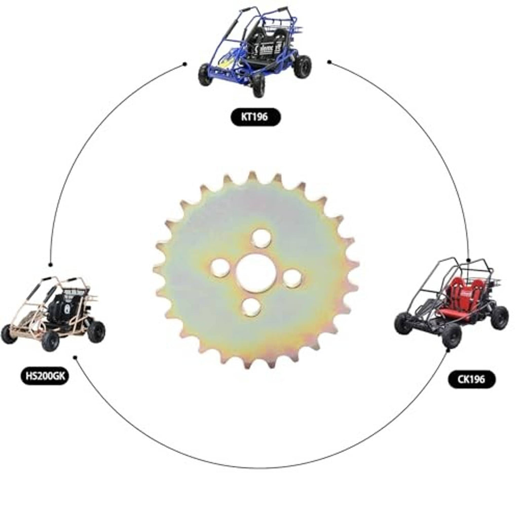 25-tooth 420 front sprocket centered on a compatibility graphic