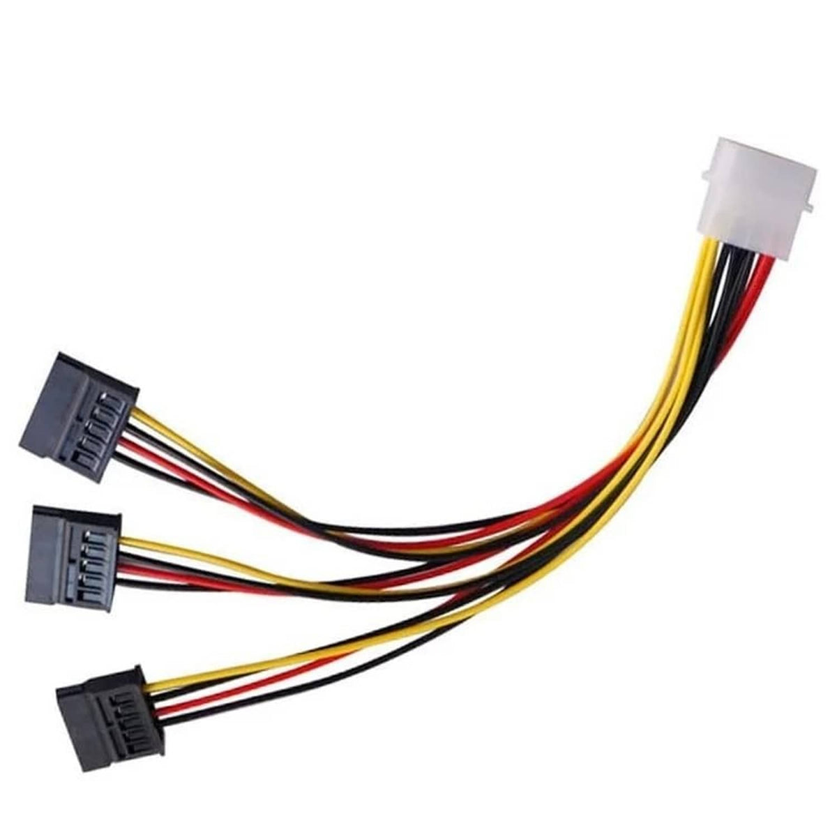 Power supply splitter cable with three-way black SATA outputs and white Molex connector