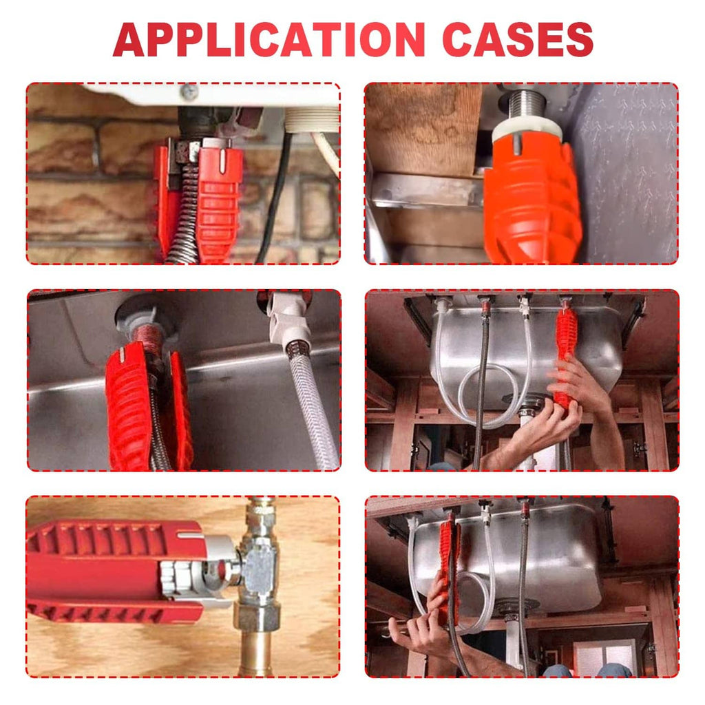 Red plumbing installer tool with removable head for under-sink faucet connections