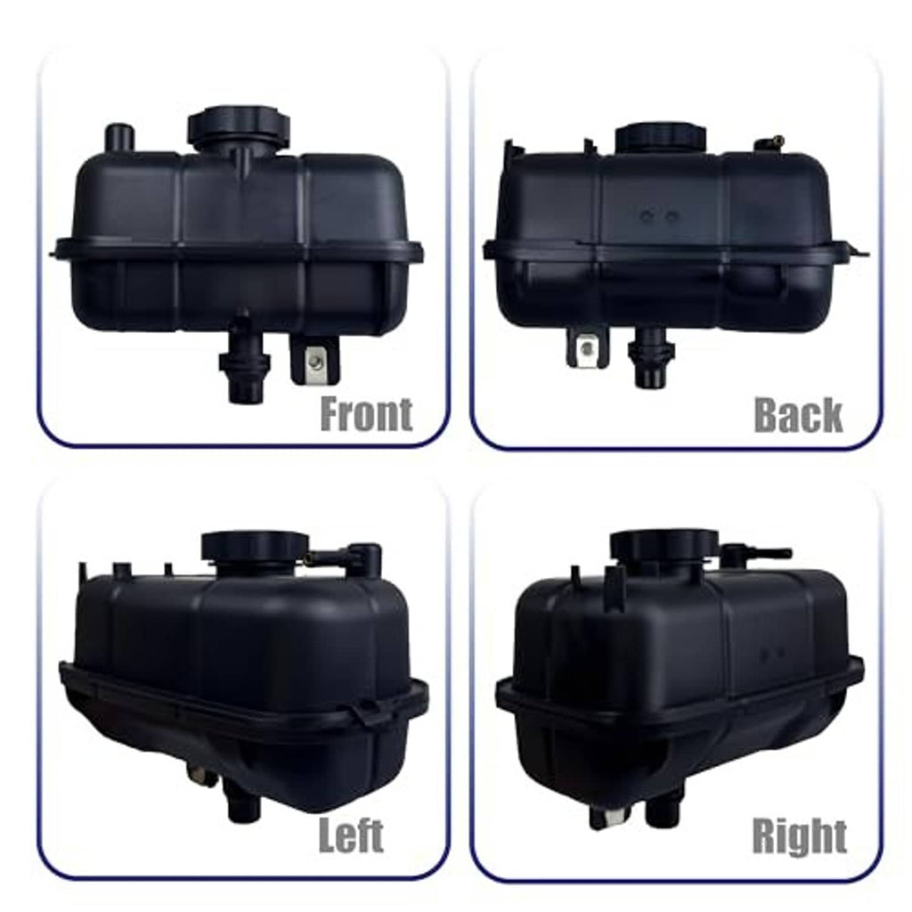Coolant reservoir tank with cap, front/back/left/right angle views
