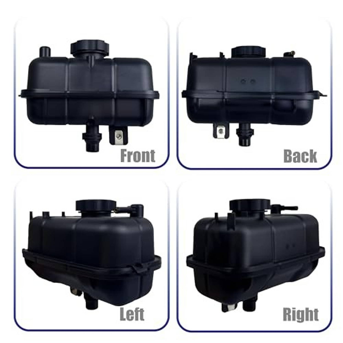 Coolant reservoir tank with cap, front/back/left/right angle views