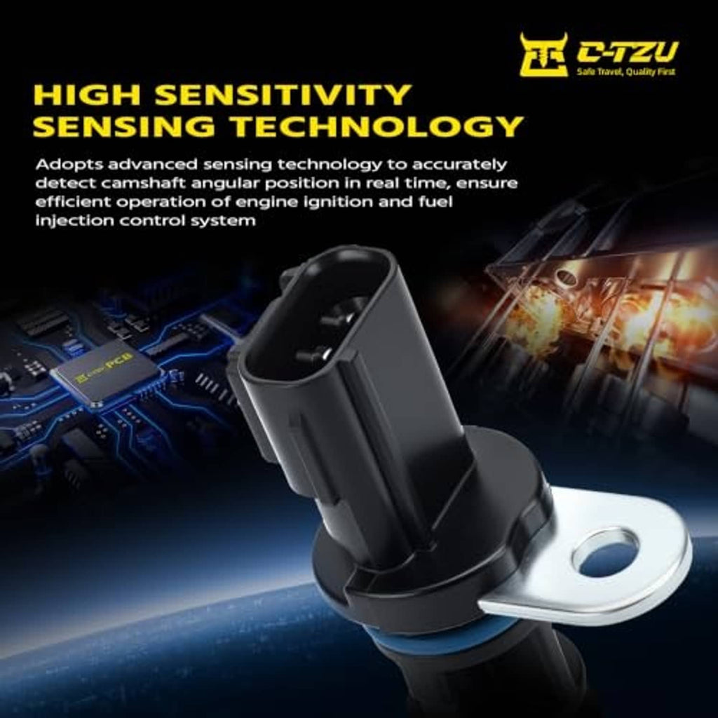 Black camshaft position sensor with blue sealing ring and mounting tab
