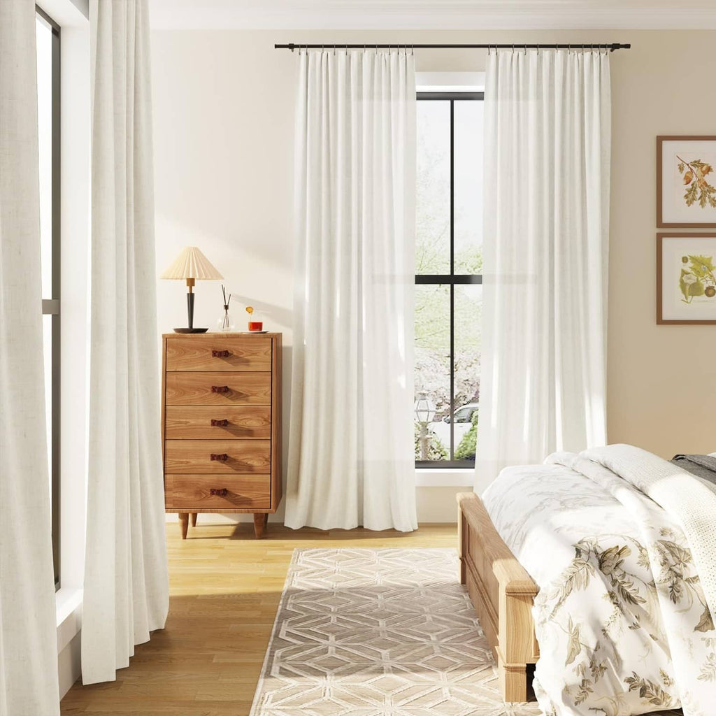 Natural linen curtains, floor-length rod-hung panels with gathered top pleats