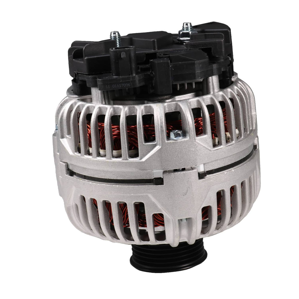 Engine alternator rear three-quarter view with black electrical connections and vents