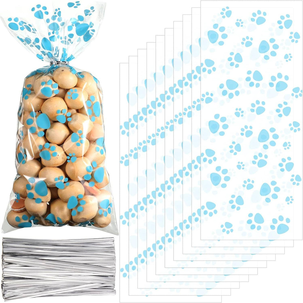 Clear dog treat cellophane bag with blue paw print pattern, tied top and heat-seal strip.