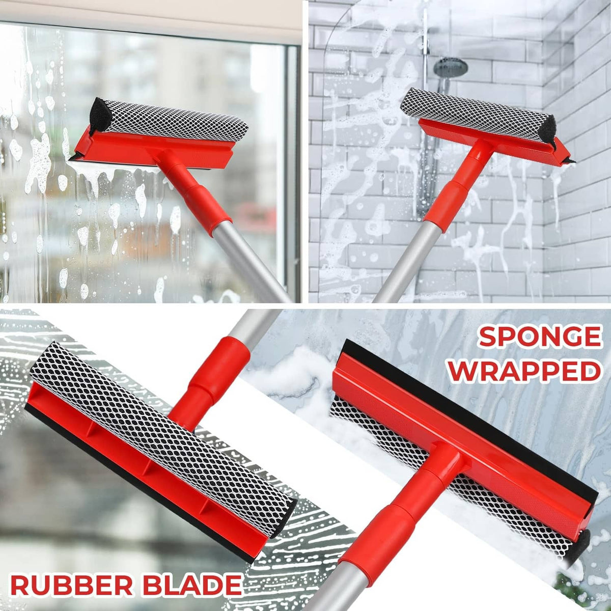 Window cleaning tool with sponge-wrapped pad and black-tipped rubber blade squeegee