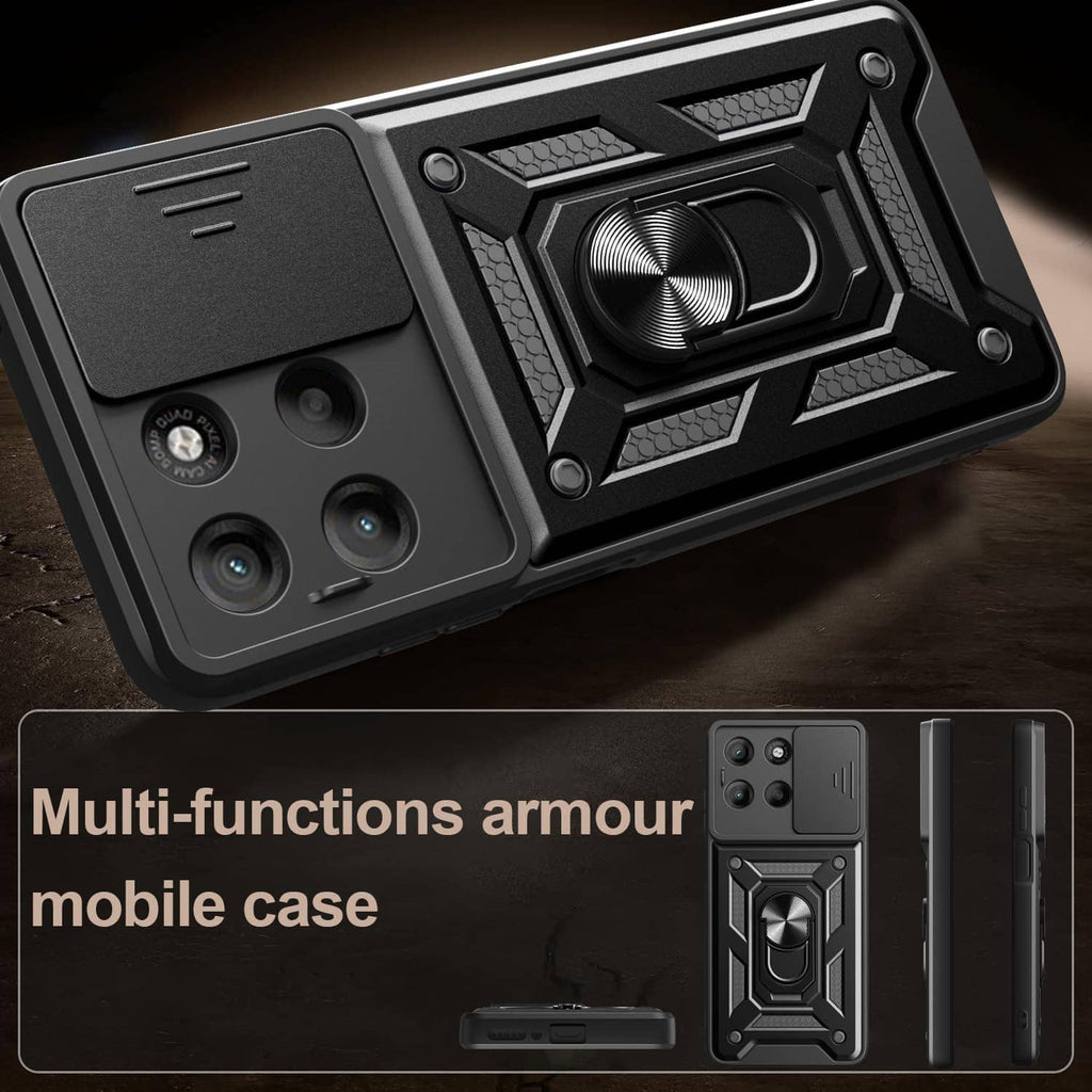 Black rugged phone case with metal kickstand and raised camera protection