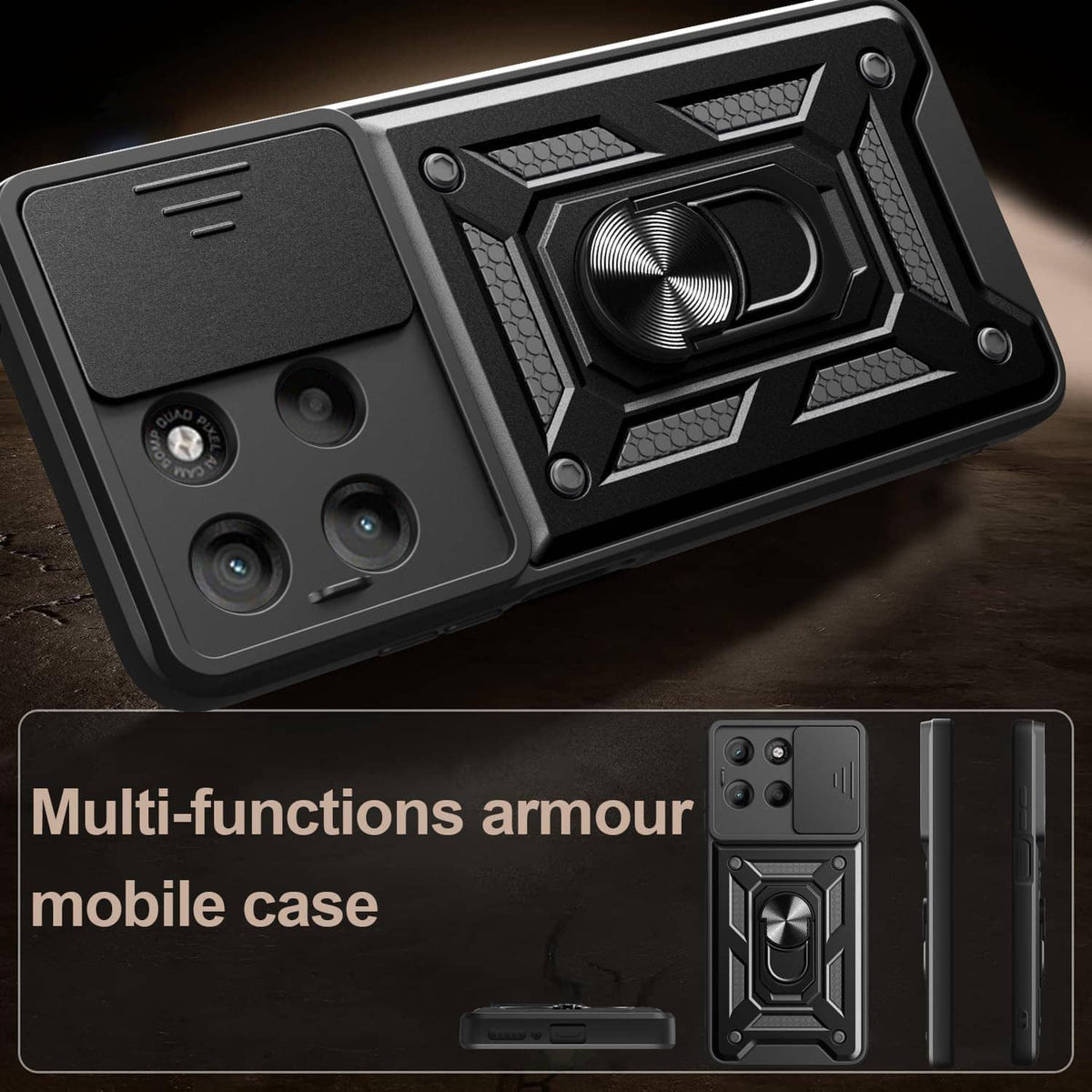 Black rugged phone case with metal kickstand and raised camera protection