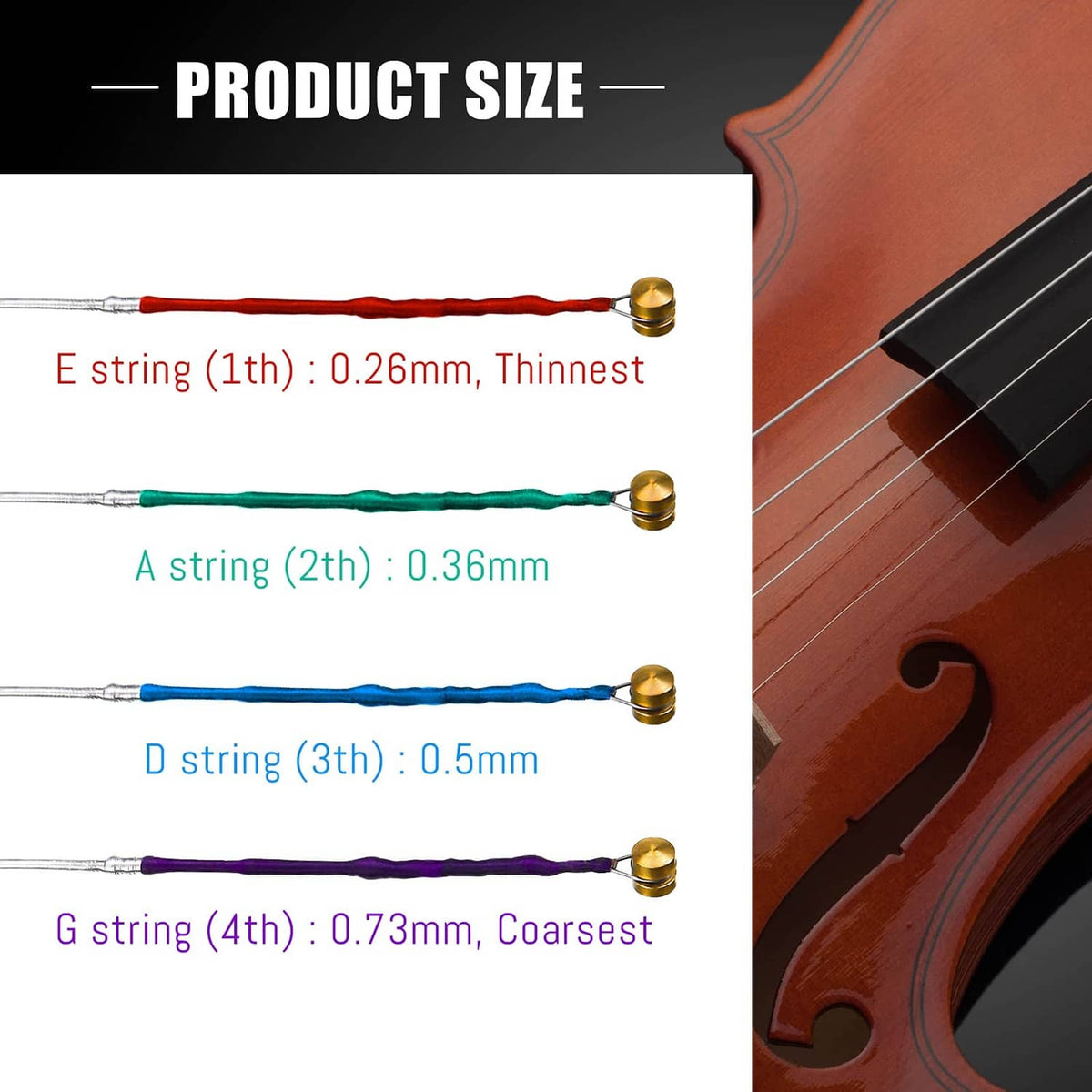 Color-coded 4/4 violin strings with gold ends: red E, green A, blue D, purple G