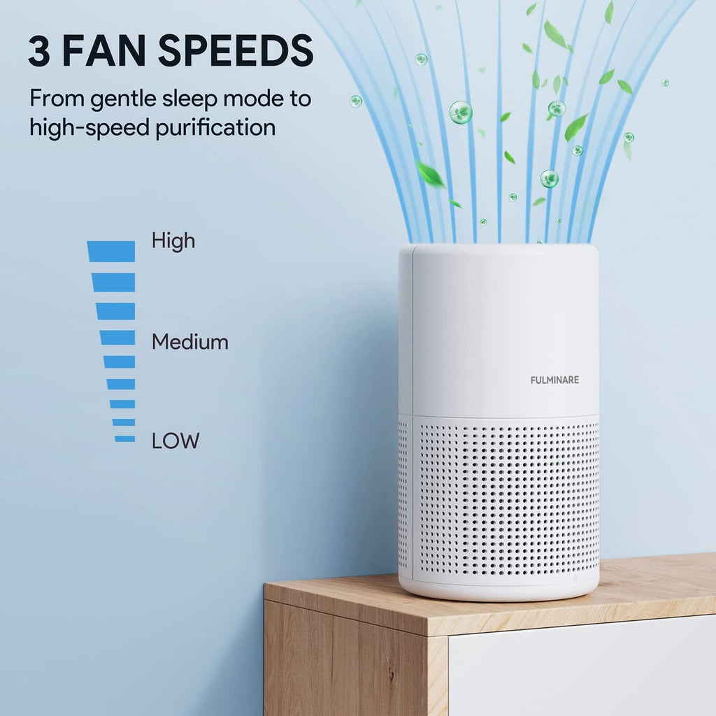 White air purifier with front grille and three fan speed icons on the side