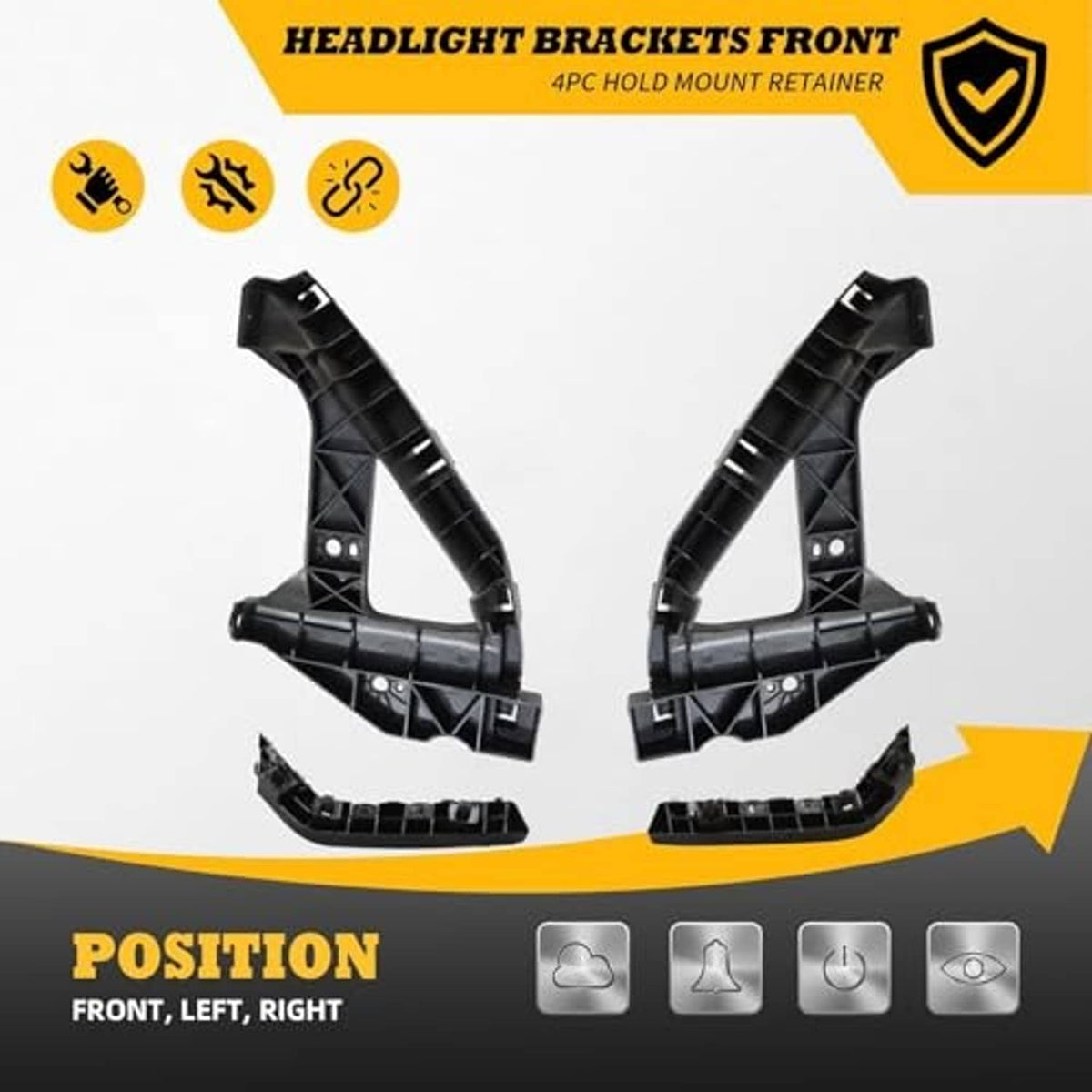 Set of black front headlight brackets, 4-piece hold mount retainer for bumper