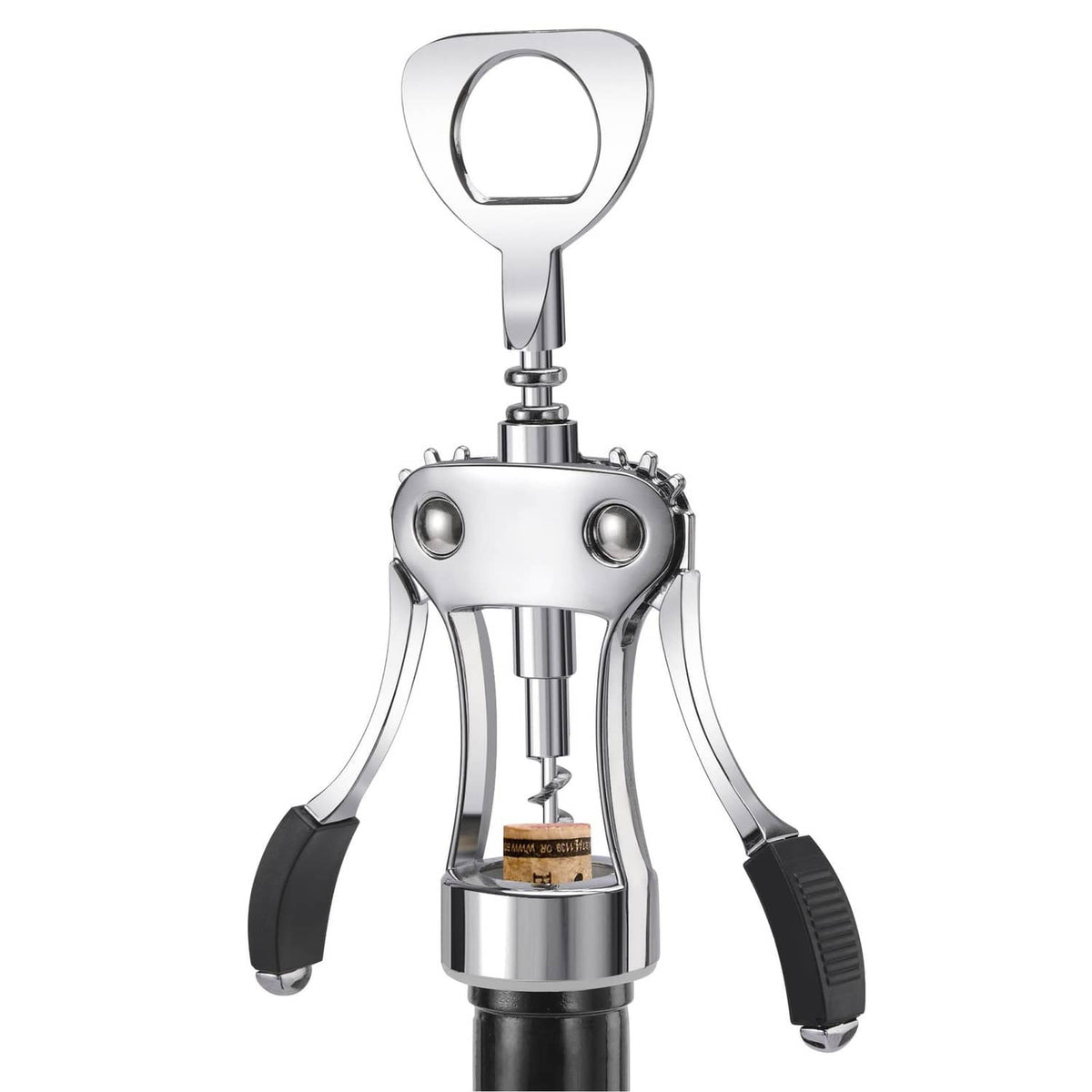 Silver wing corkscrew bottle opener with black non-slip handles
