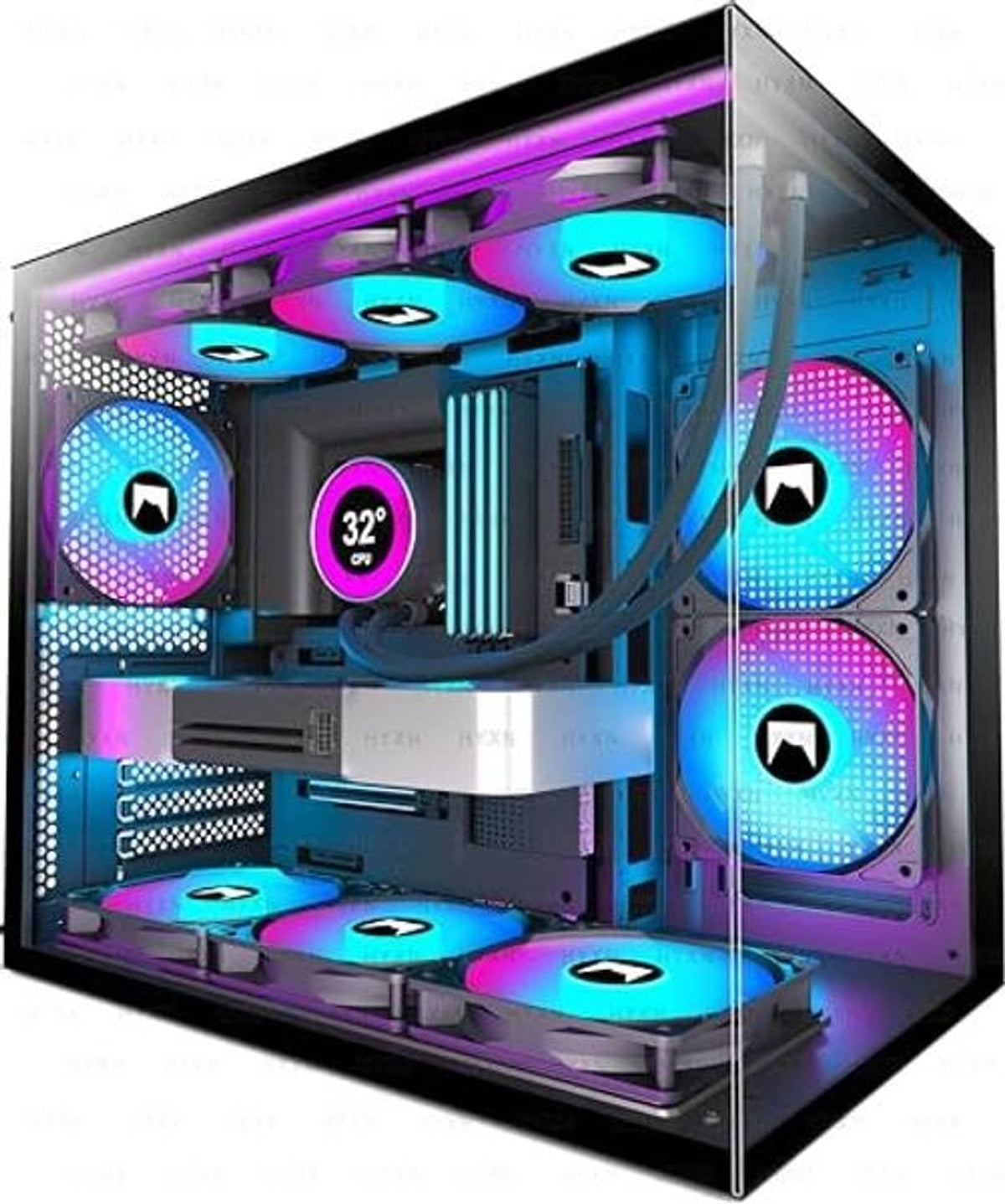 Compact black PC case view with tempered glass panel and three blue ARGB fans inside.