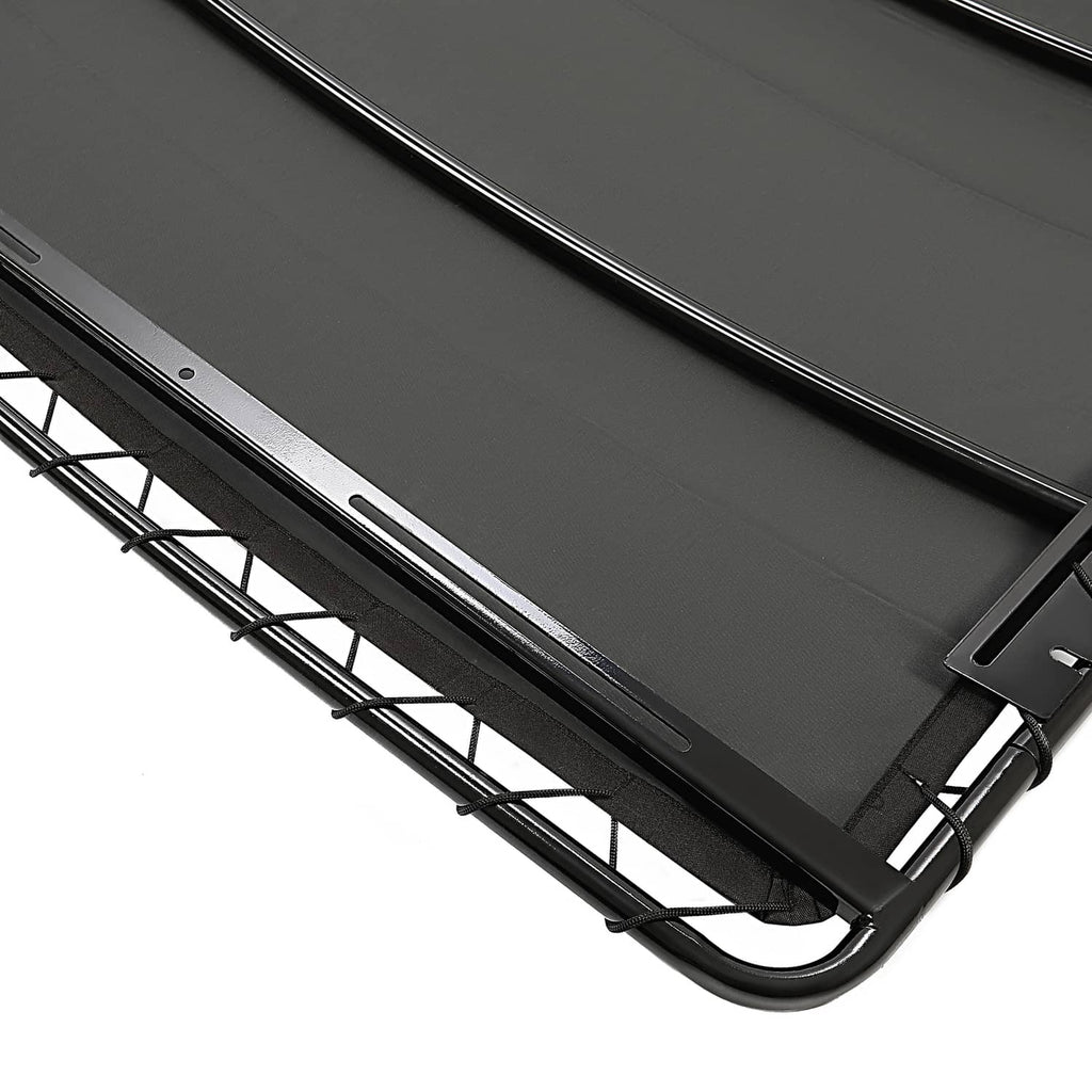 Close-up of black sun top fabric and support rails on golf cart roof frame