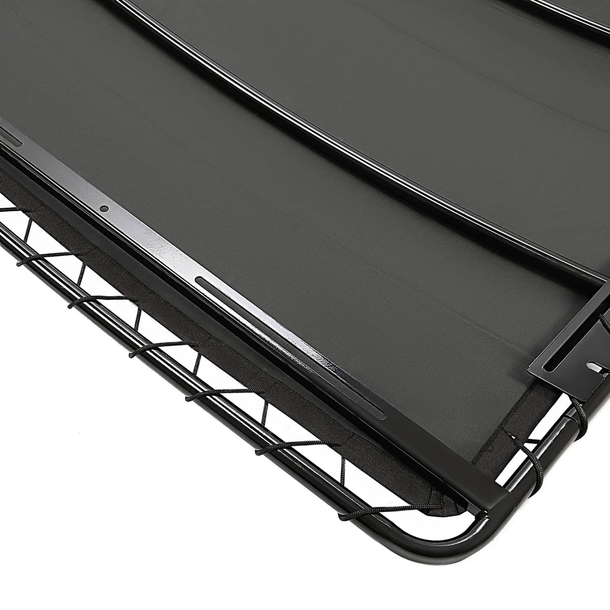 Close-up of black sun top fabric and support rails on golf cart roof frame