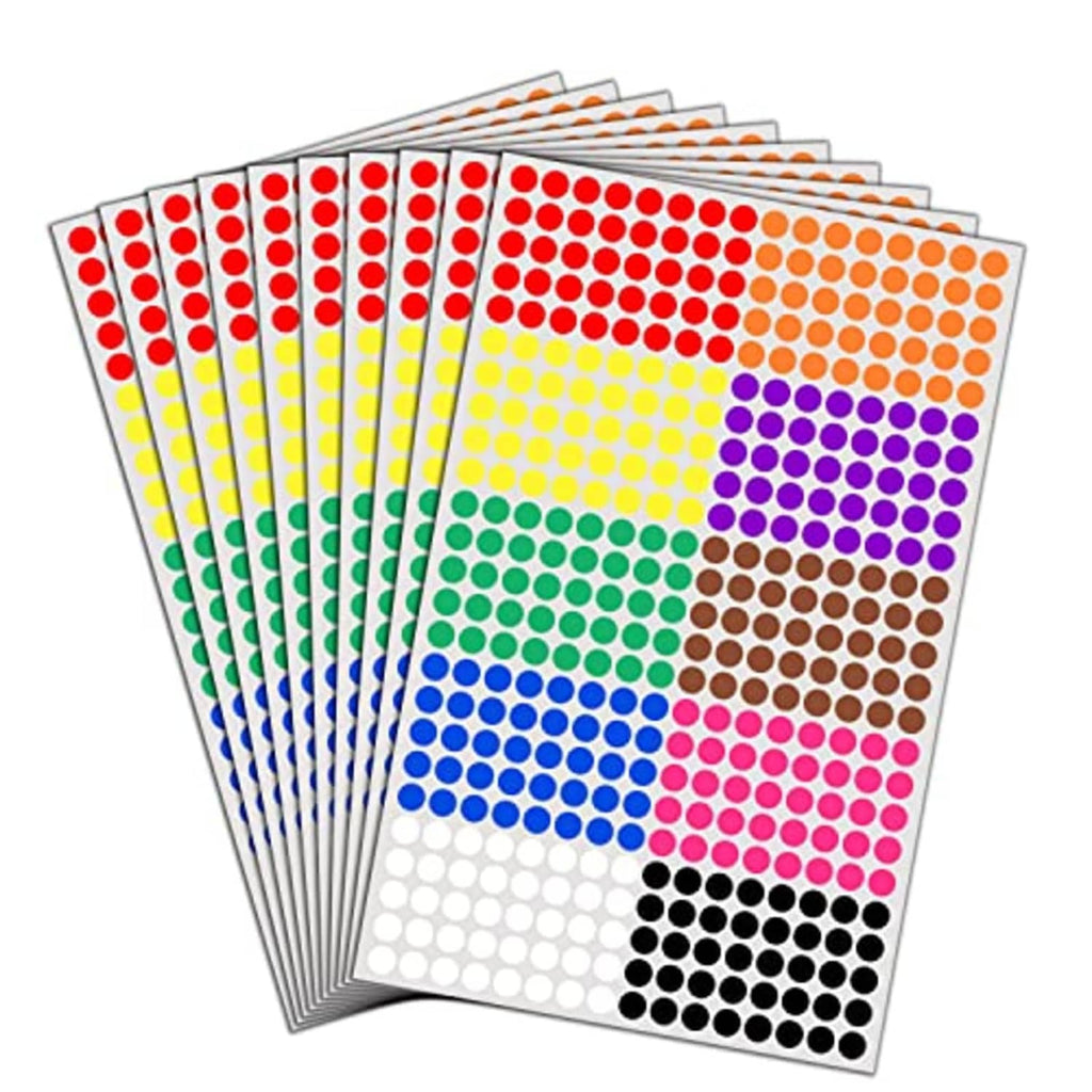 Sheet of colorful 1/4 inch dot stickers, multiple colors on label sheets