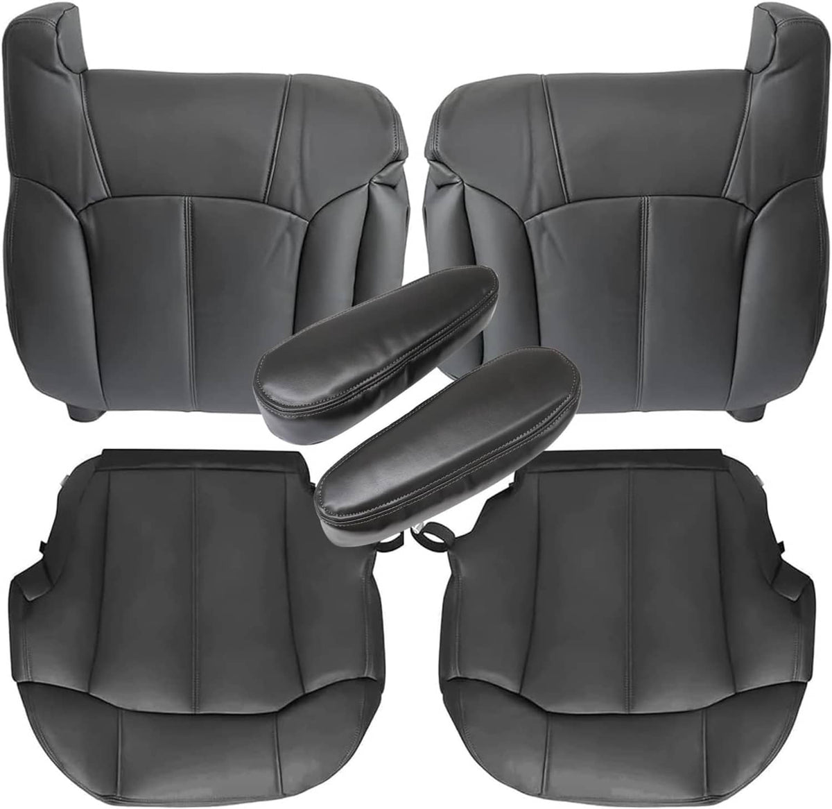 Dark gray leather front seat cover set with two seat bottoms, two backs, and armrests