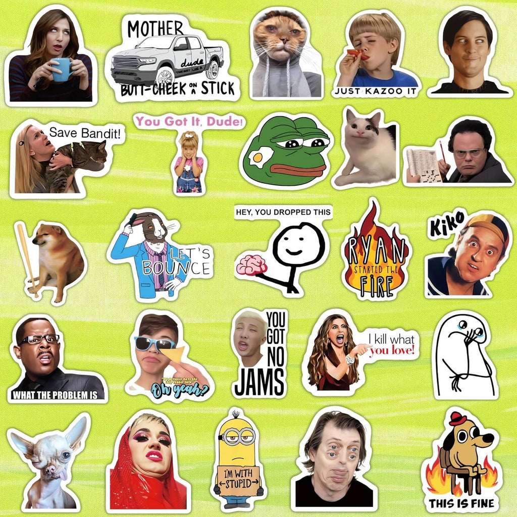 Green background sticker sheet with many meme character cutouts and speech-bubble sayings