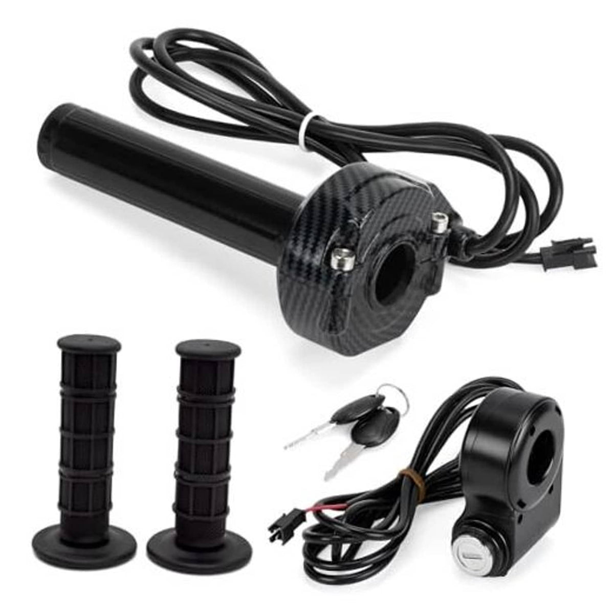 Carbon-fiber throttle grip with key ignition, wiring harness, and lock/unlock keys