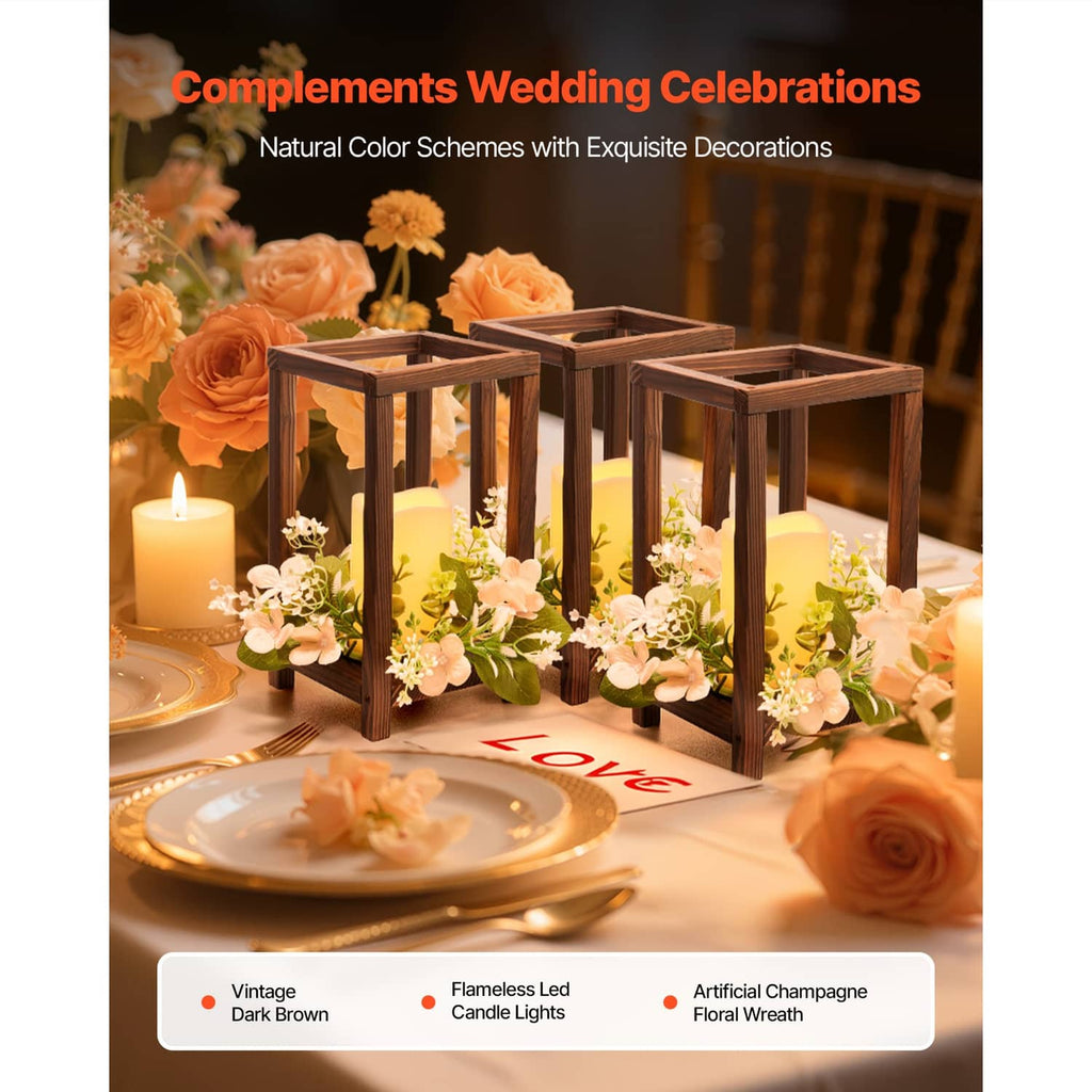 Brown wooden lantern set with LED candles and floral wreath centerpiece decor