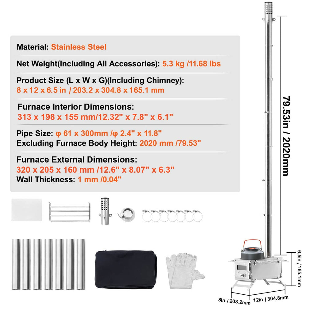 Portable wood stove with stainless steel body and included accessories