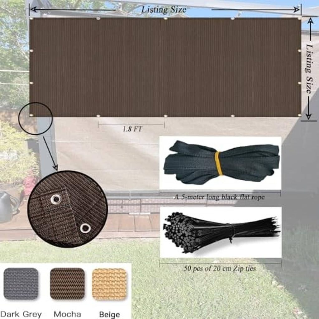 Mocha shade cloth privacy screen with included zip ties and black flat rope