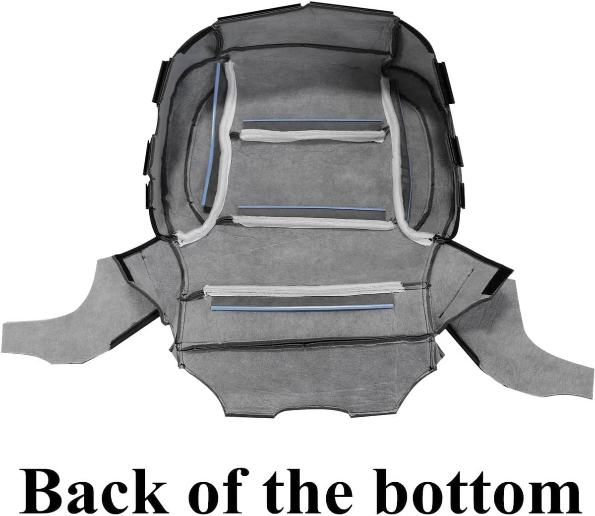 Perforated leather seat cover bottom underside with gray backing and blue support straps