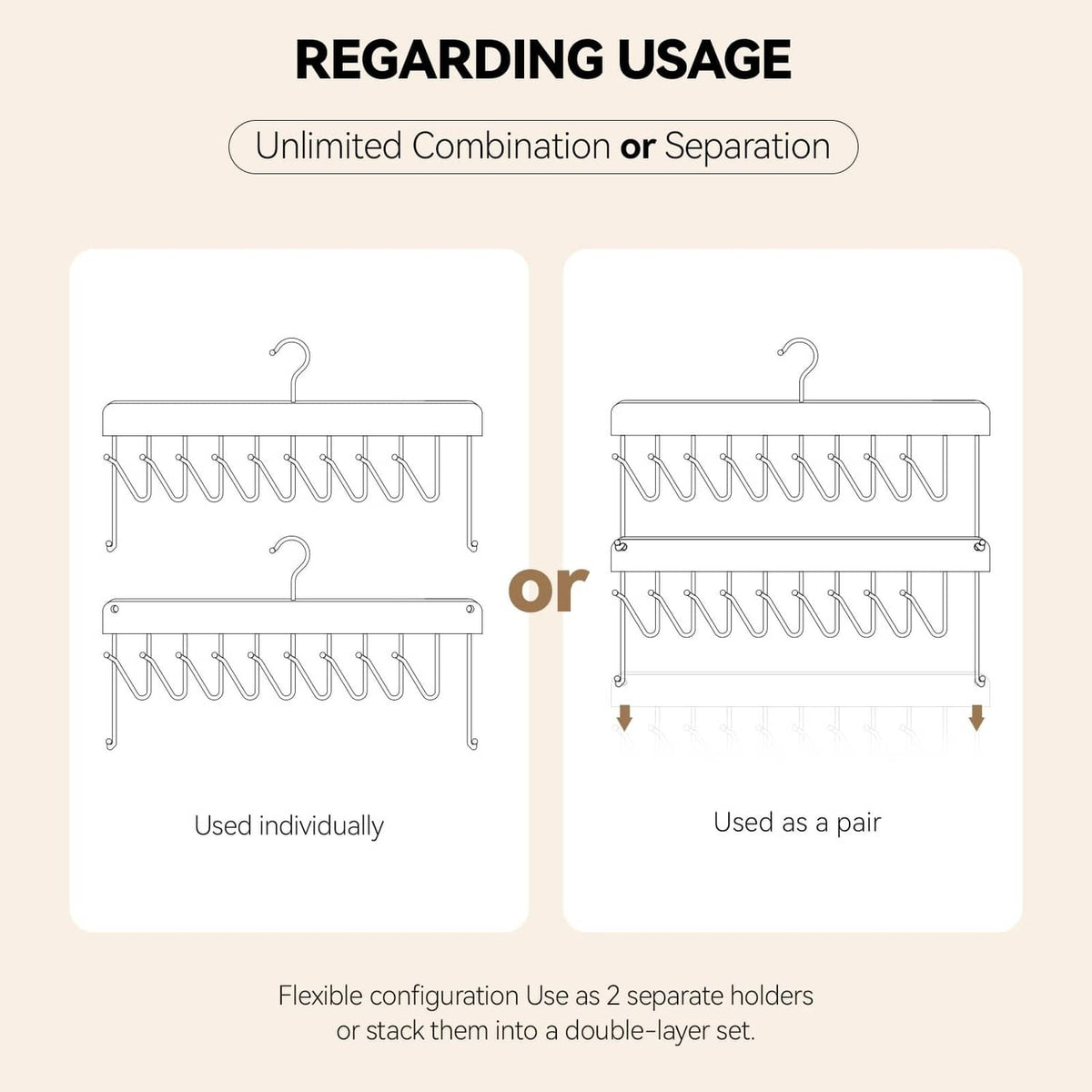 Hair extension holder organizer showing single use or paired double-layer setup