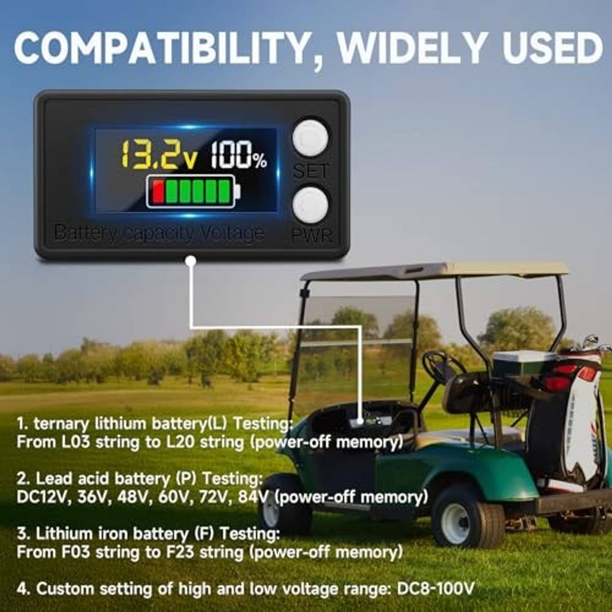 Battery monitor LCD displaying 13.2V and 100% bar graph, black case with two top buttons