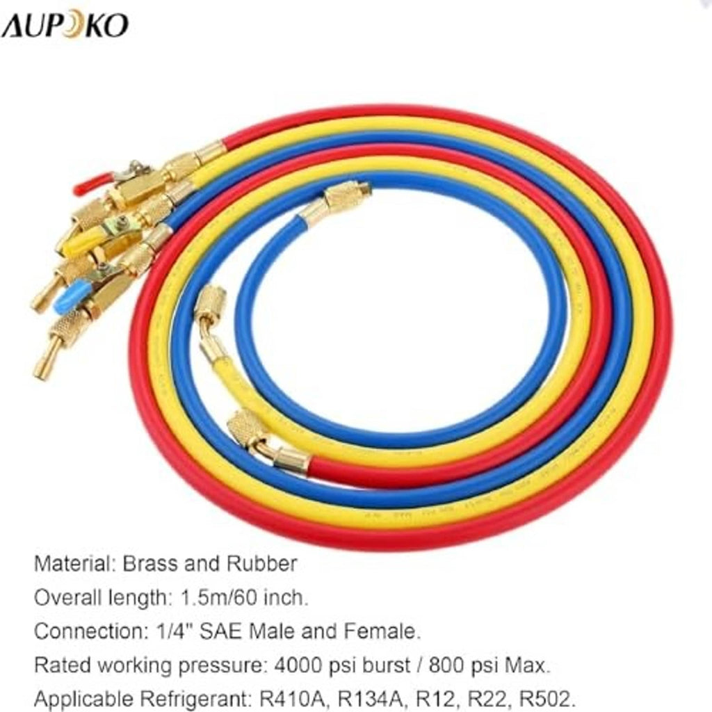 Multi-color A/C charging hose set with brass fittings and ball valves, red yellow blue