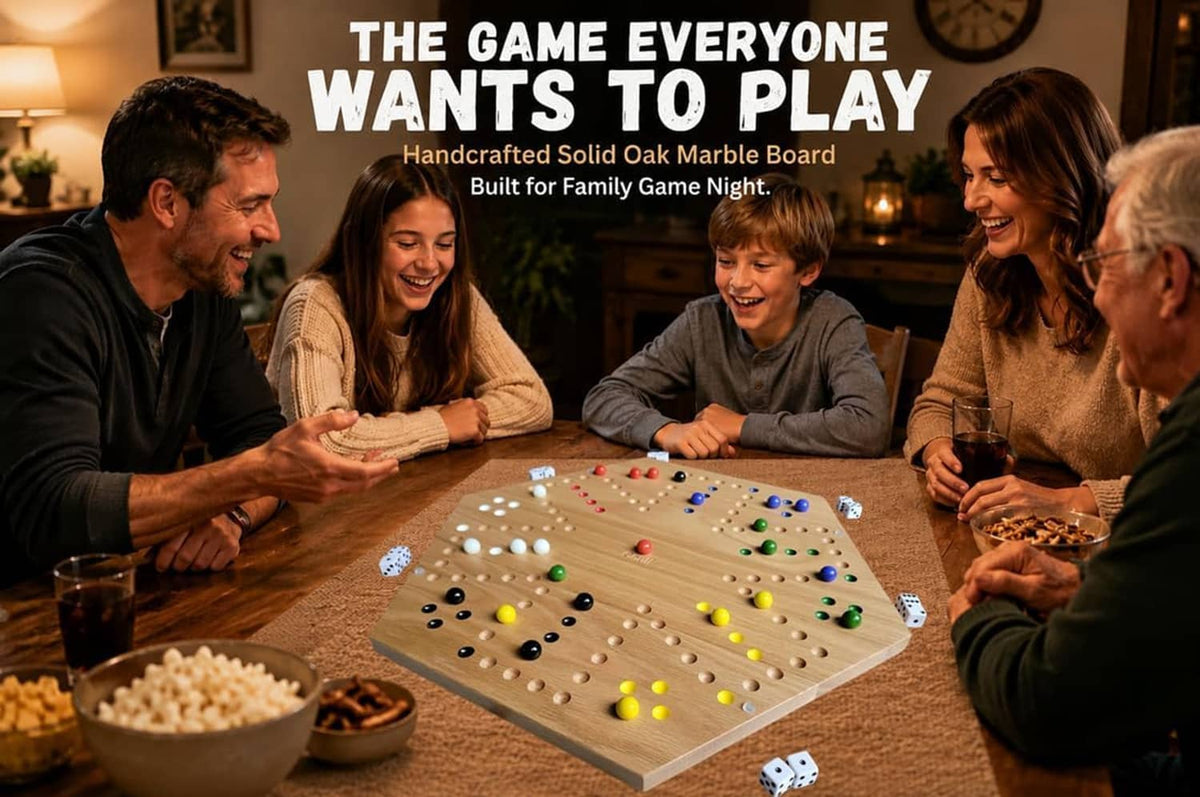 Hexagonal marble and dice board game on a table with colorful playing pieces