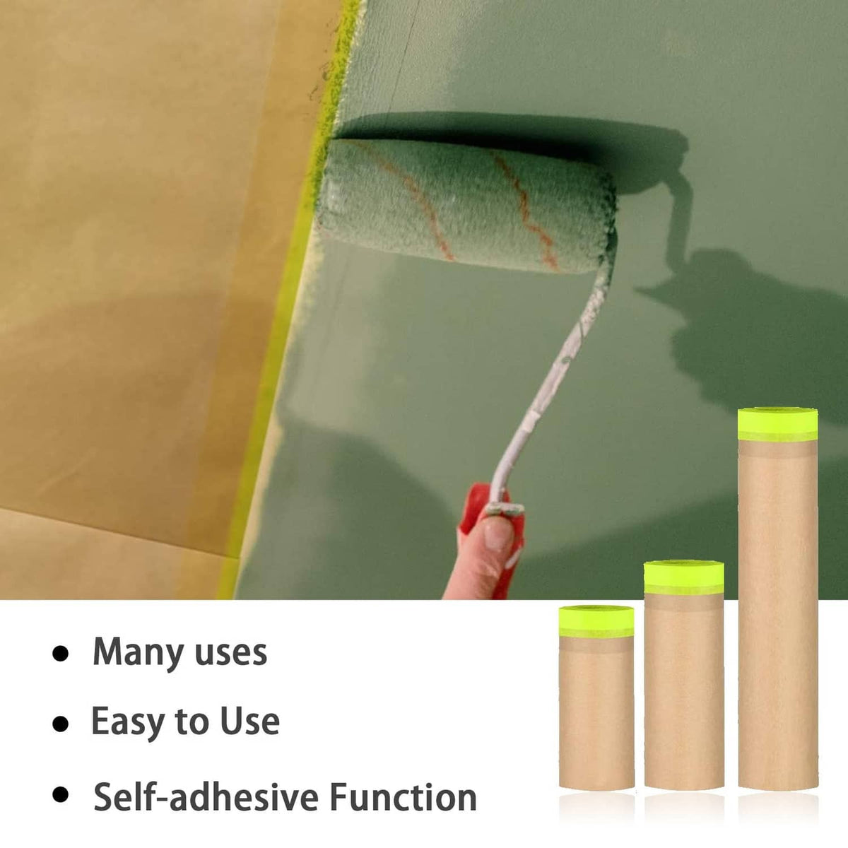 Brown masking film sheet with bright green edge tape and paint roller