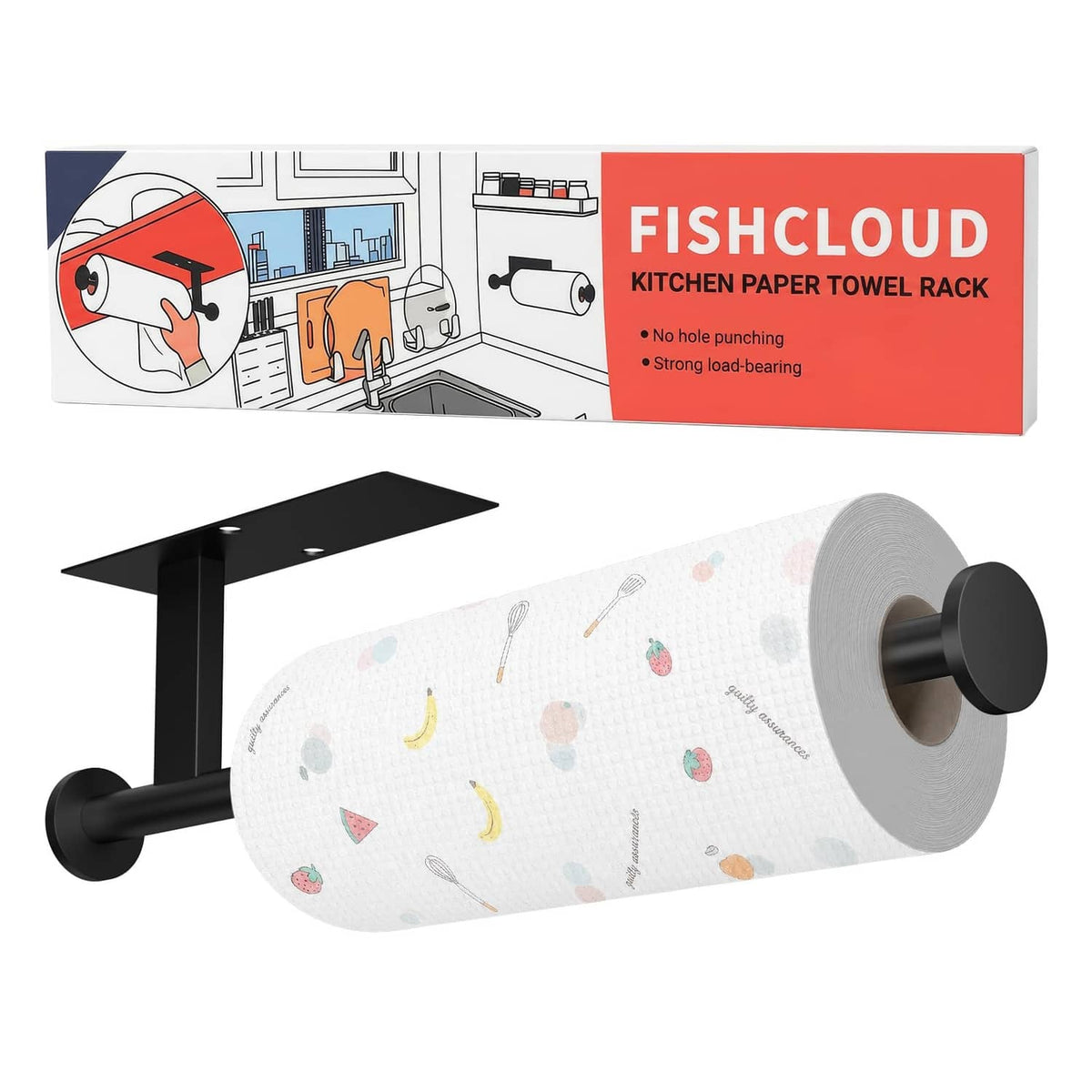 Black wall-mount paper towel holder with a roll on two round end brackets