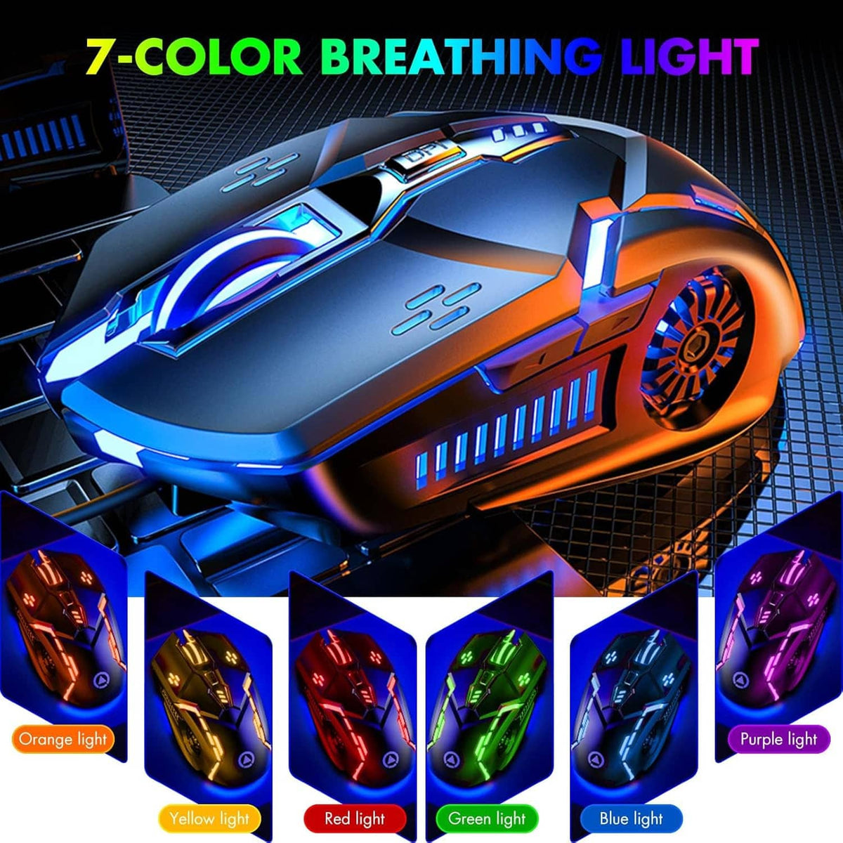 RGB wired gaming mouse with 7-color breathing light, blue and orange glow